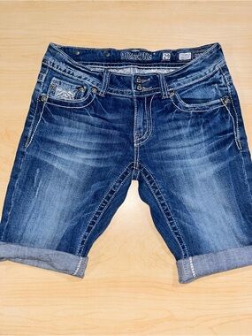 Miss Me Indigo Washed Denim Roll-Cuff Bermuda Shorts
